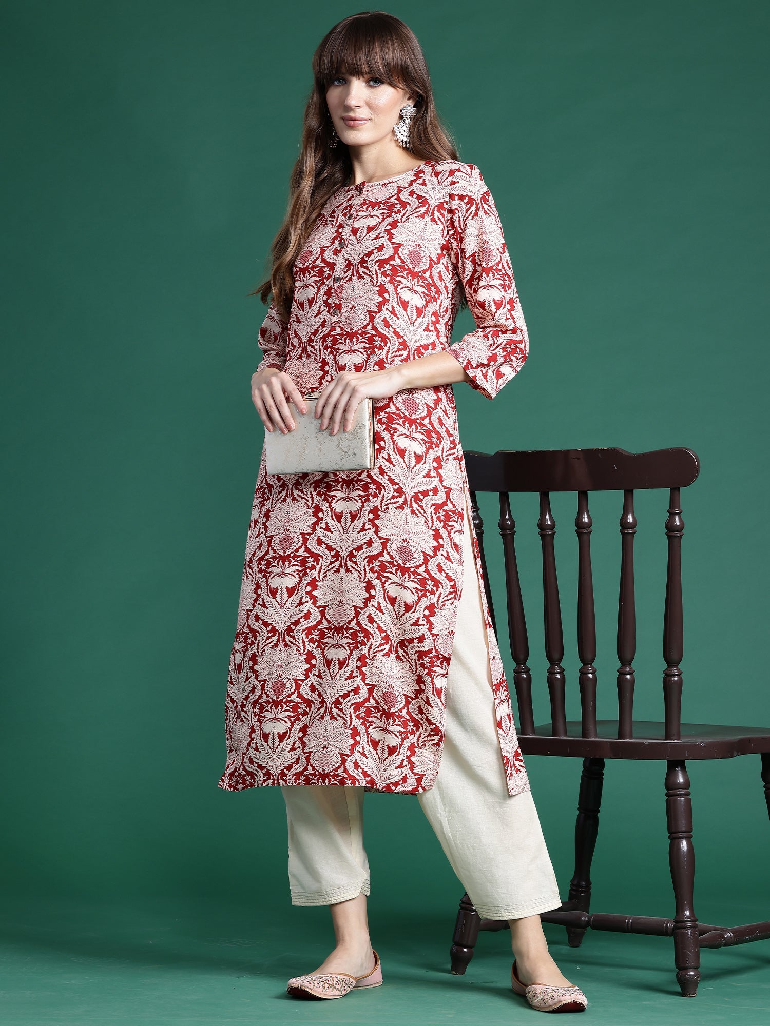 Indo Era Red Printed Straight Kurta