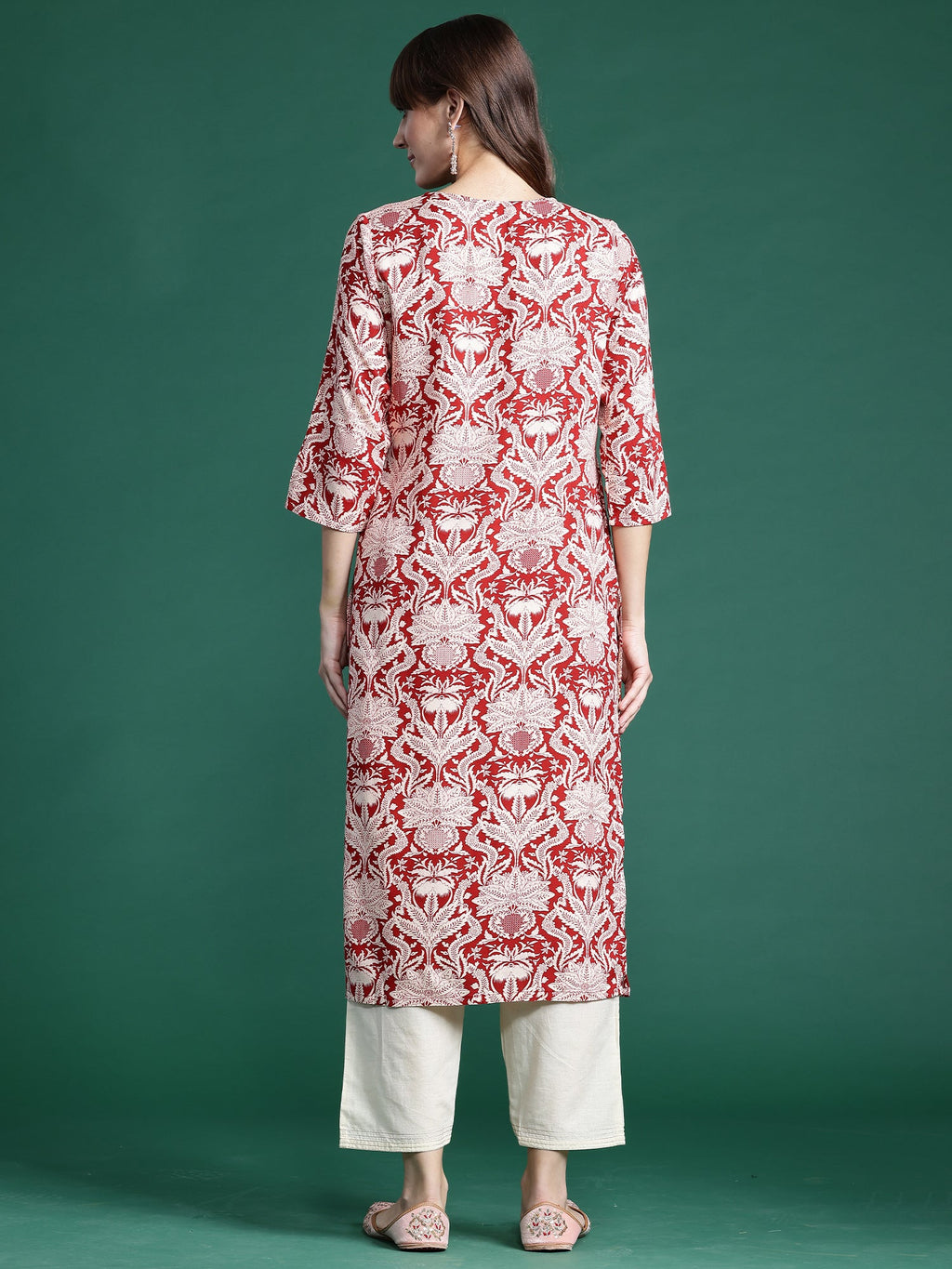 Indo Era Red Printed Straight Kurta