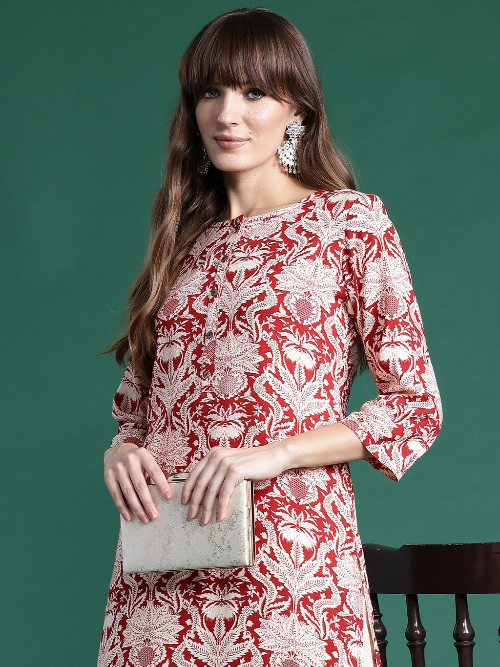 Indo Era Red Printed Straight Kurta