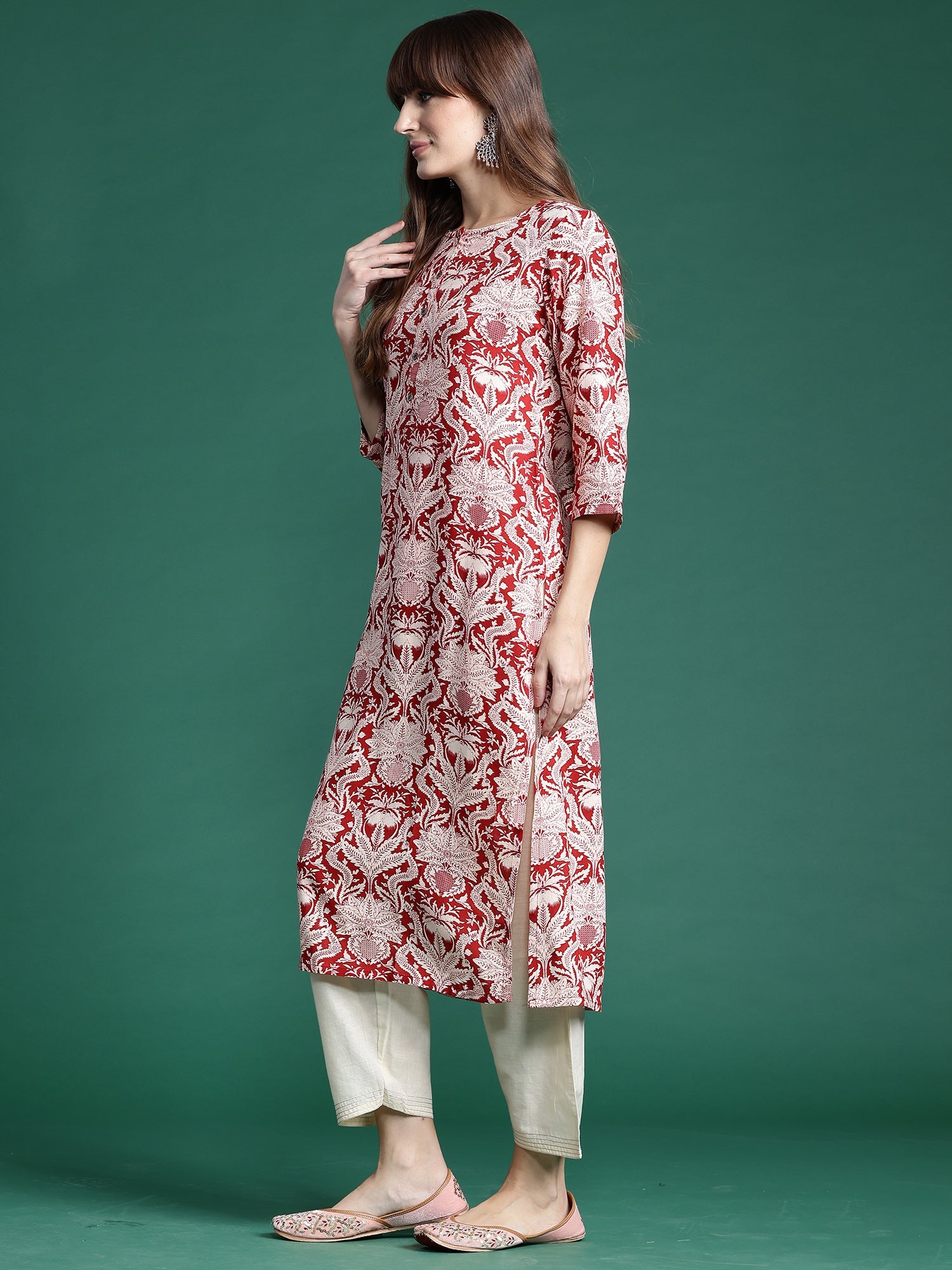 Indo Era Red Printed Straight Kurta