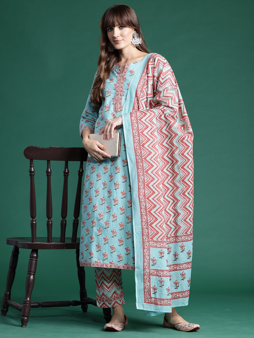 Indo Era Blue Printed Straight Kurta Trousers With Dupatta set