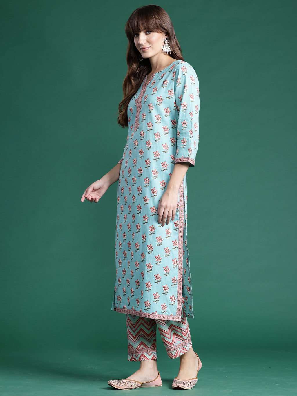 Indo Era Blue Printed Straight Kurta Trousers With Dupatta set