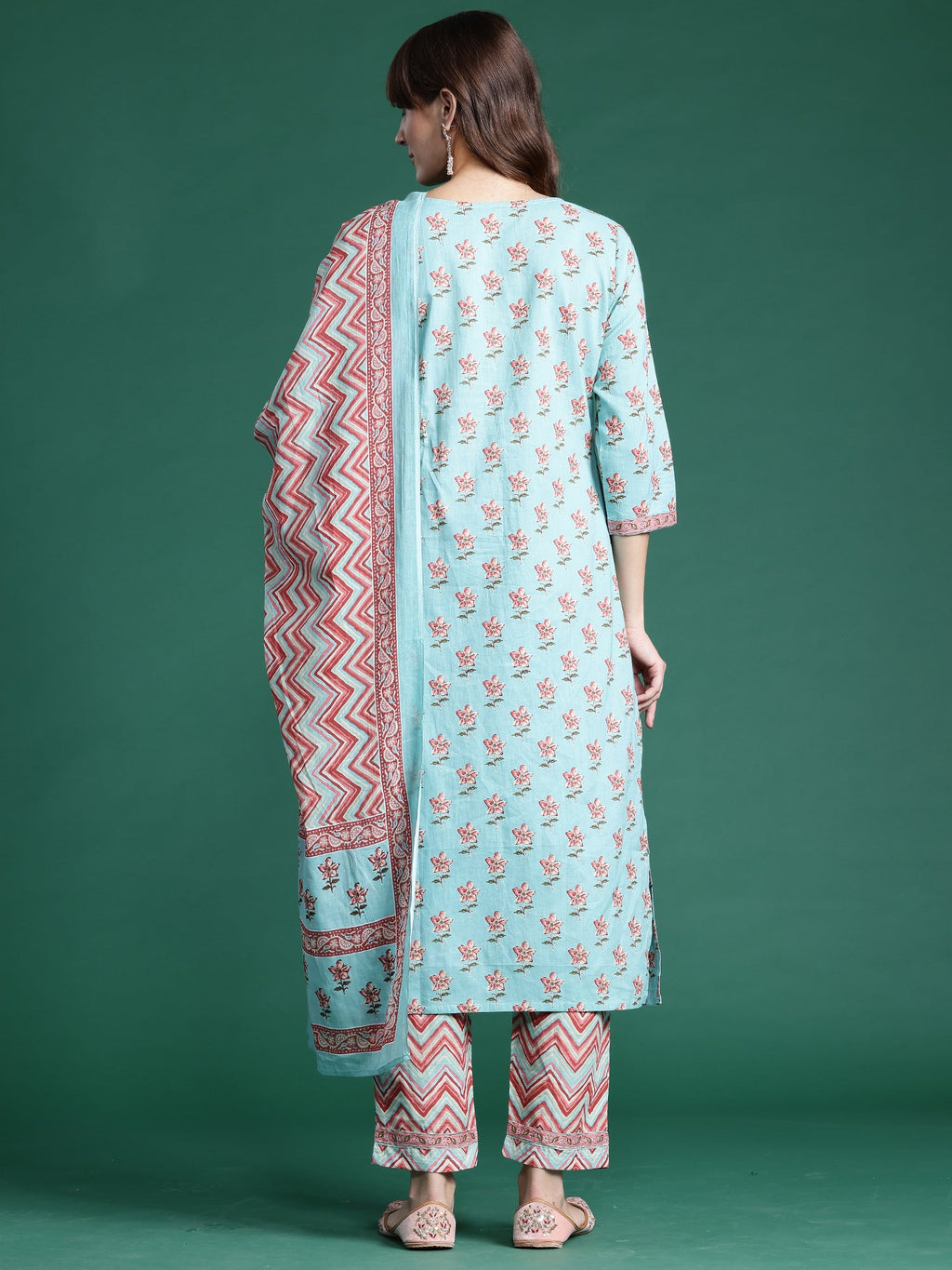 Indo Era Blue Printed Straight Kurta Trousers With Dupatta set