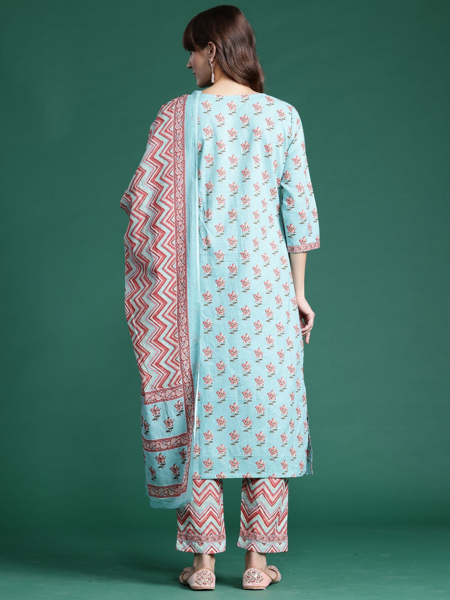 Indo Era Blue Printed Straight Kurta Trousers With Dupatta set
