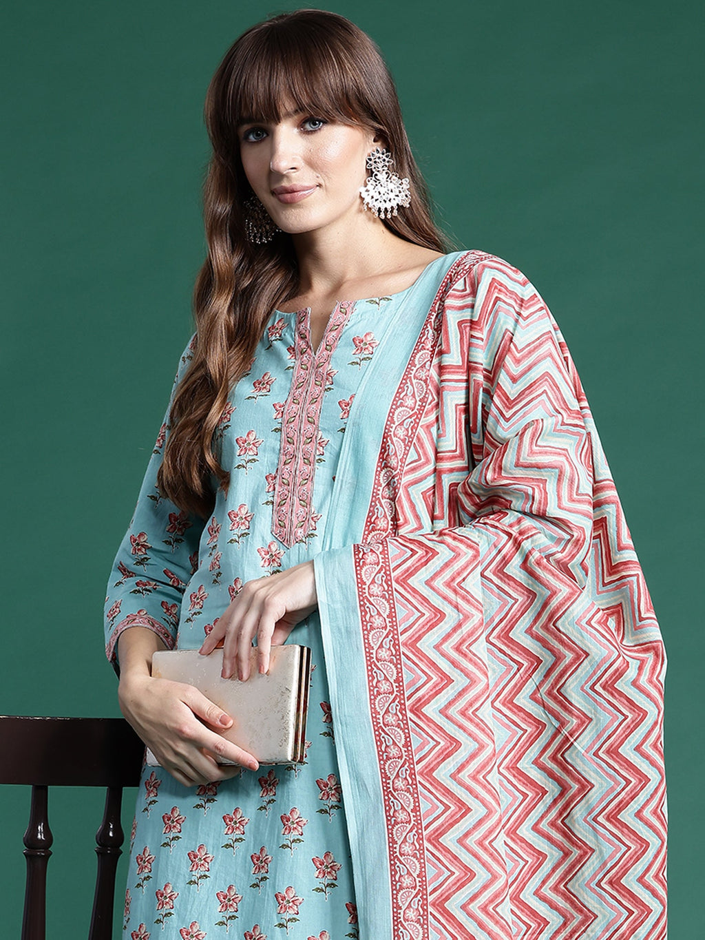 Indo Era Blue Printed Straight Kurta Trousers With Dupatta set