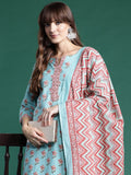 Indo Era Blue Printed Straight Kurta Trousers With Dupatta set