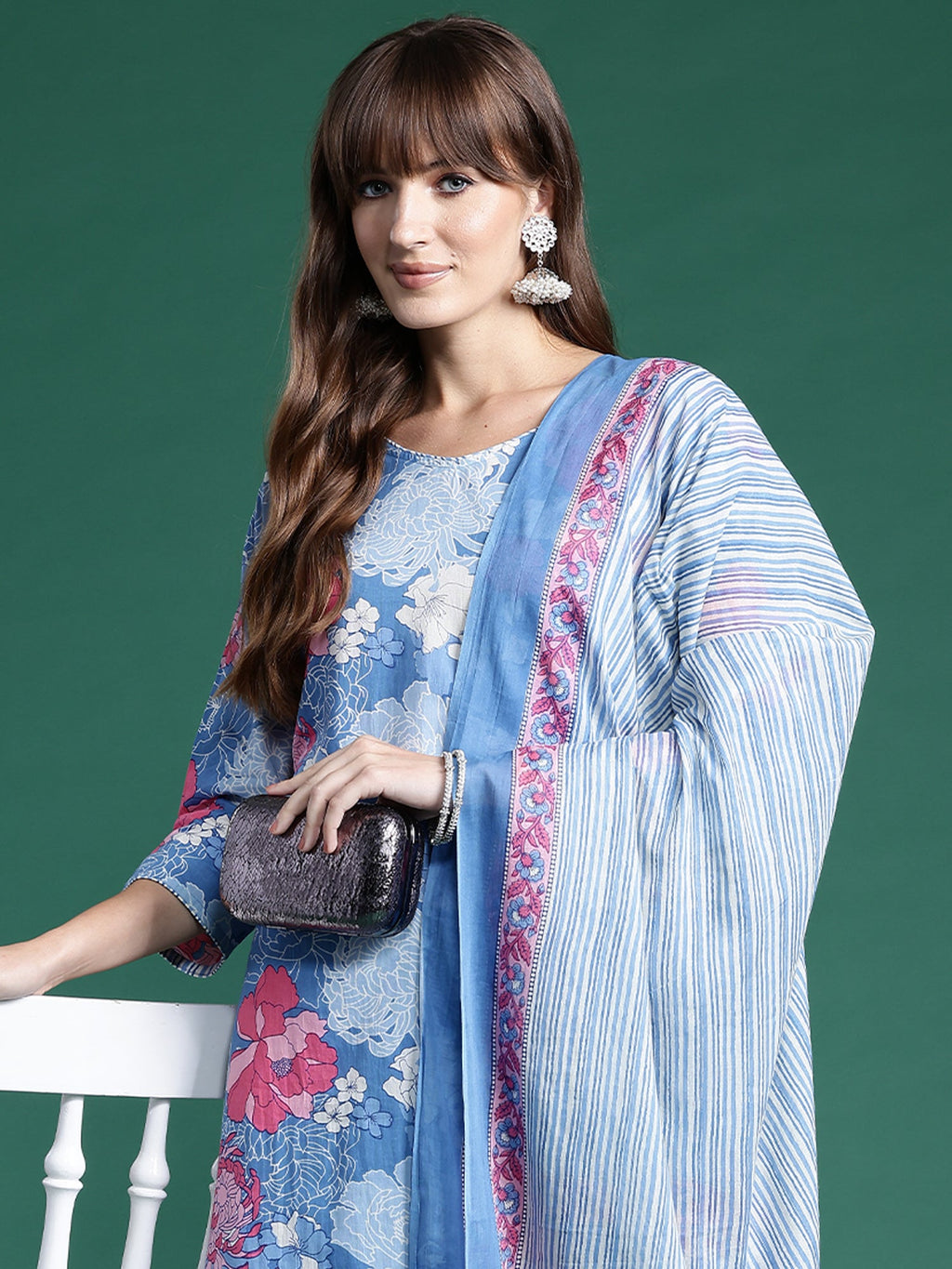 Indo Era Blue Printed Straight Kurta Trousers With Dupatta set