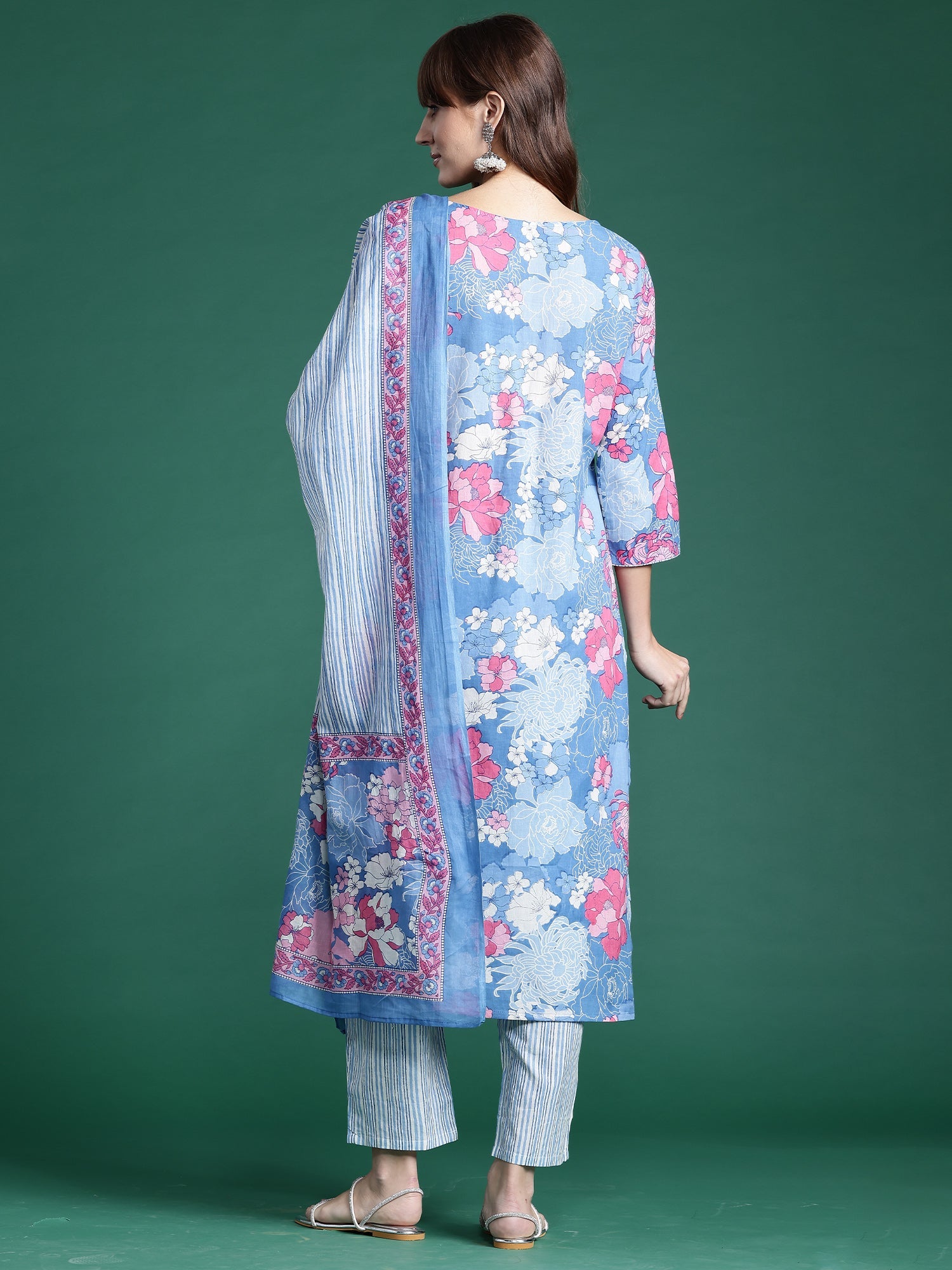 Indo Era Blue Printed Straight Kurta Trousers With Dupatta set