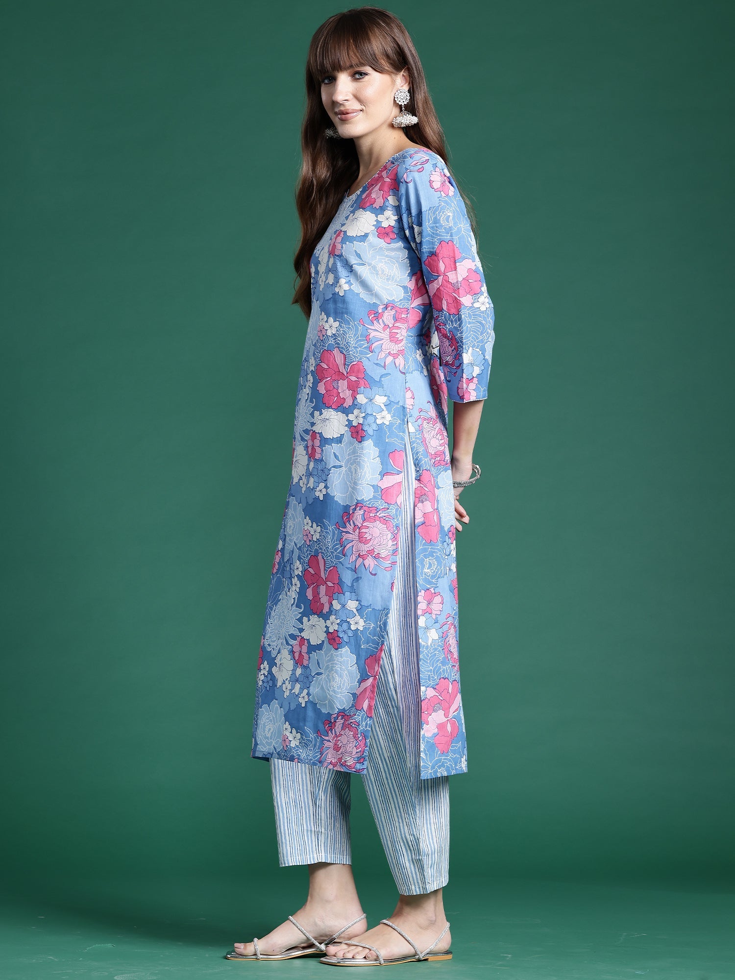 Indo Era Blue Printed Straight Kurta Trousers With Dupatta set
