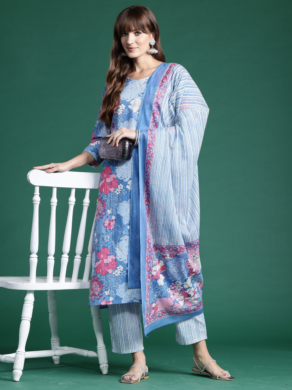 Indo Era Blue Printed Straight Kurta Trousers With Dupatta set