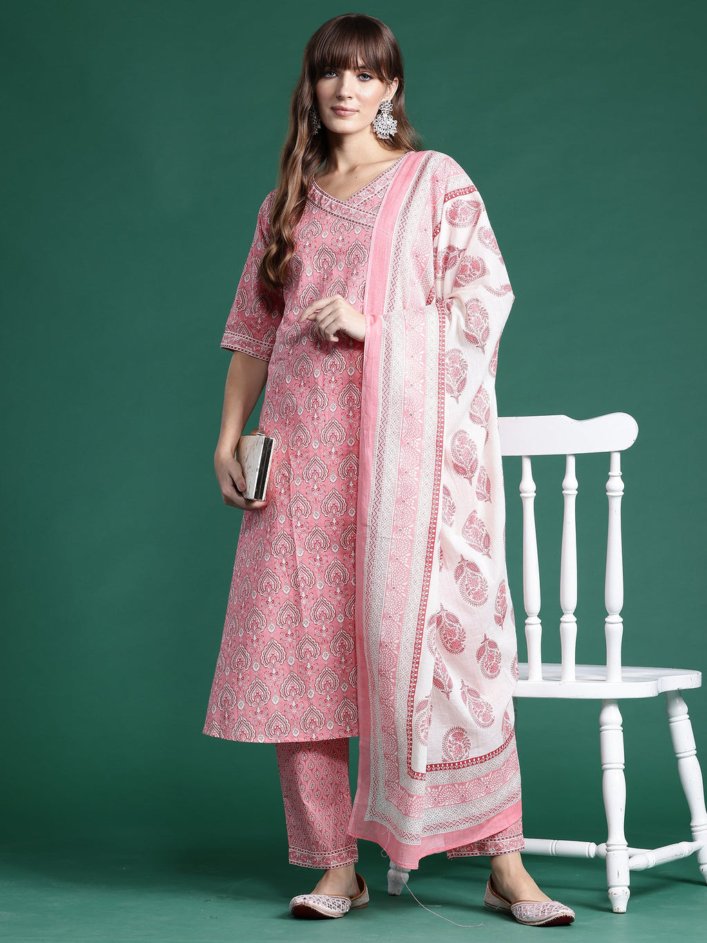 Indo Era Pink Printed A-Line Kurta Trousers With Dupatta set