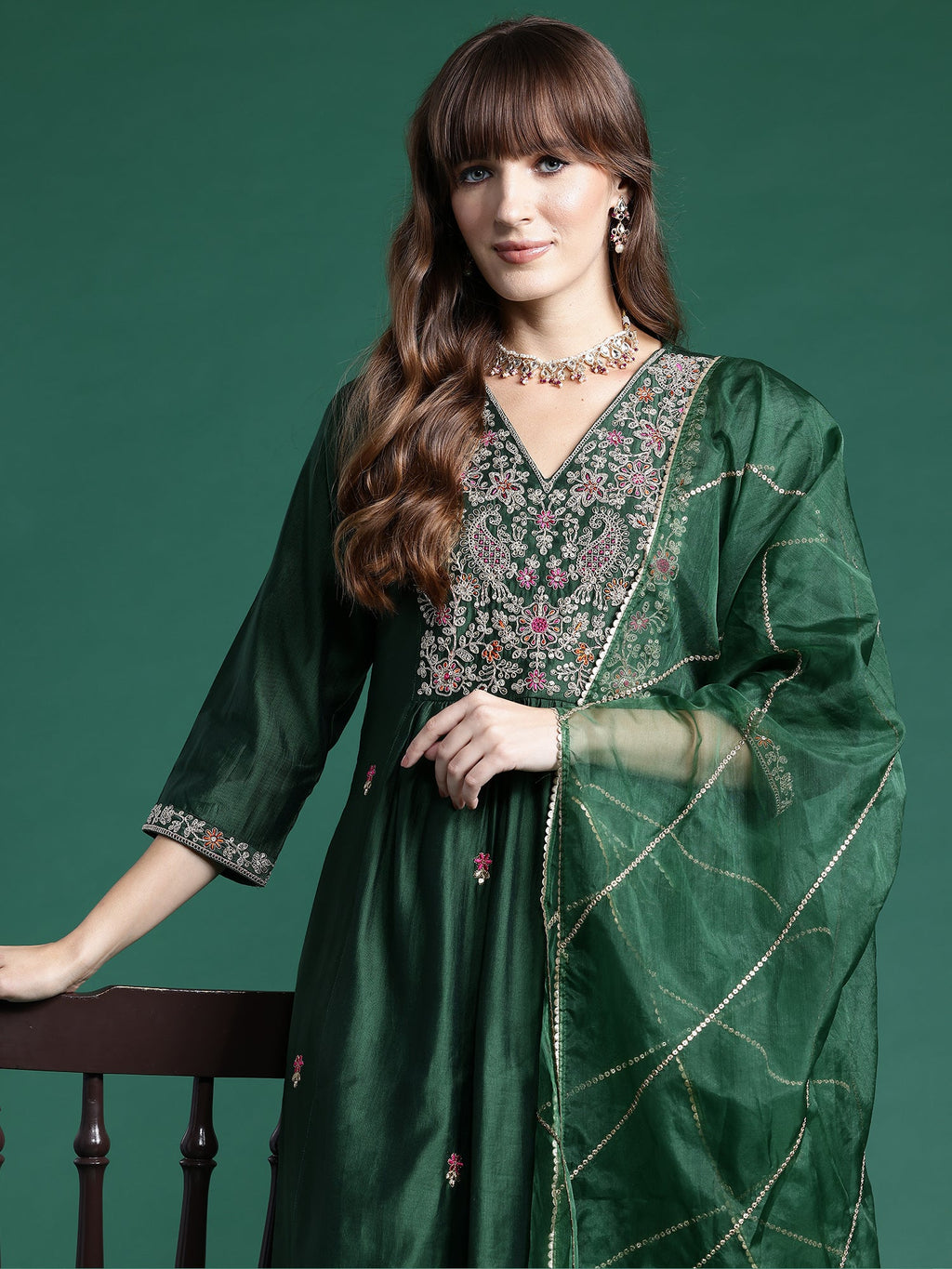 Indo Era Green Embroidered A-Line Kurta Trousers set