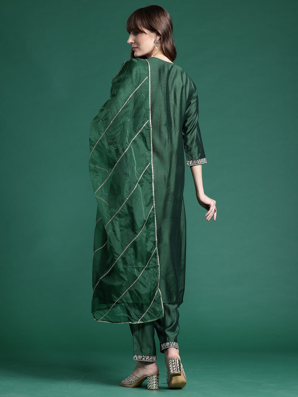 Indo Era Green Embroidered A-Line Kurta Trousers set