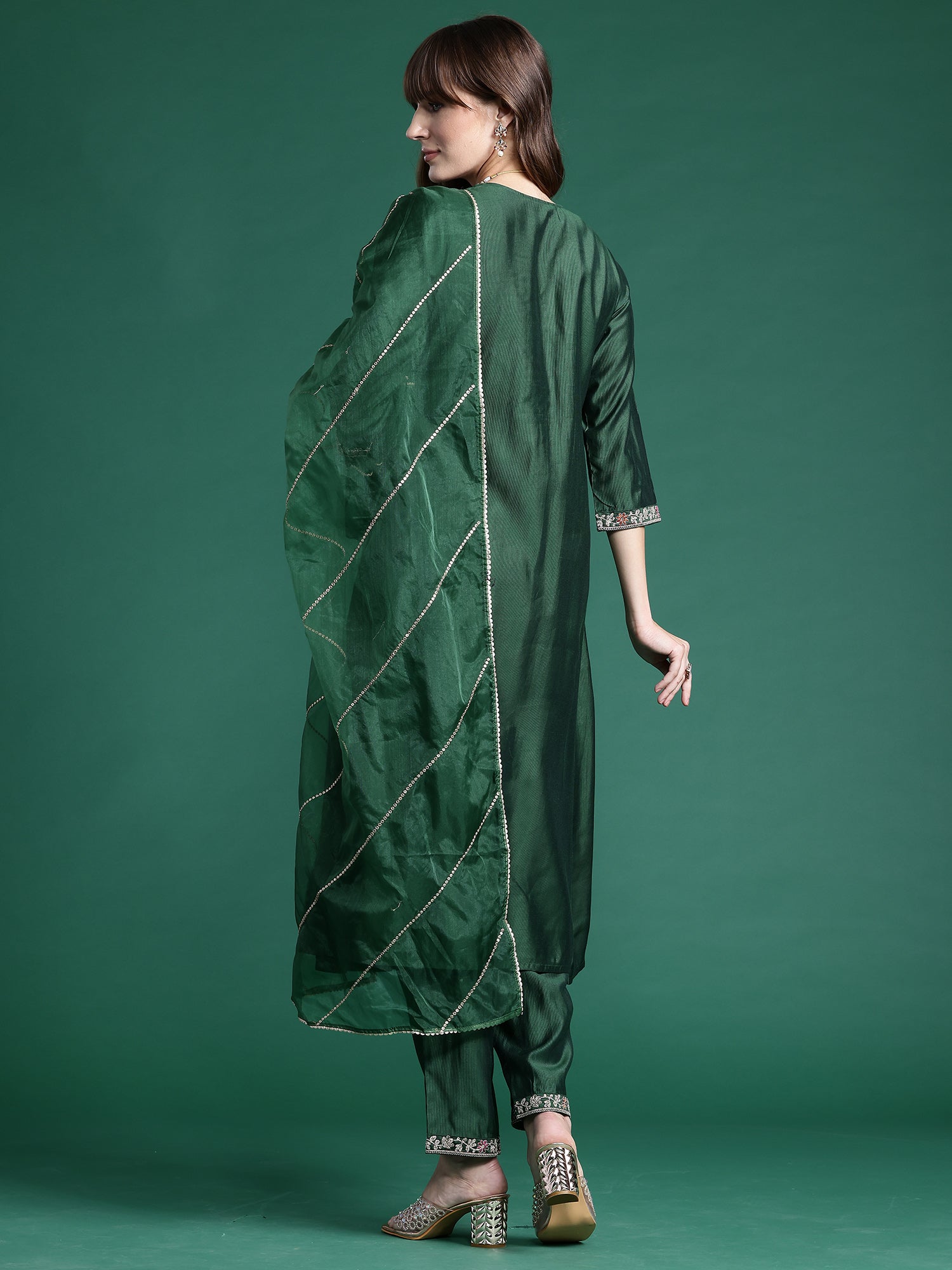 Indo Era Green Embroidered A-Line Kurta Trousers set