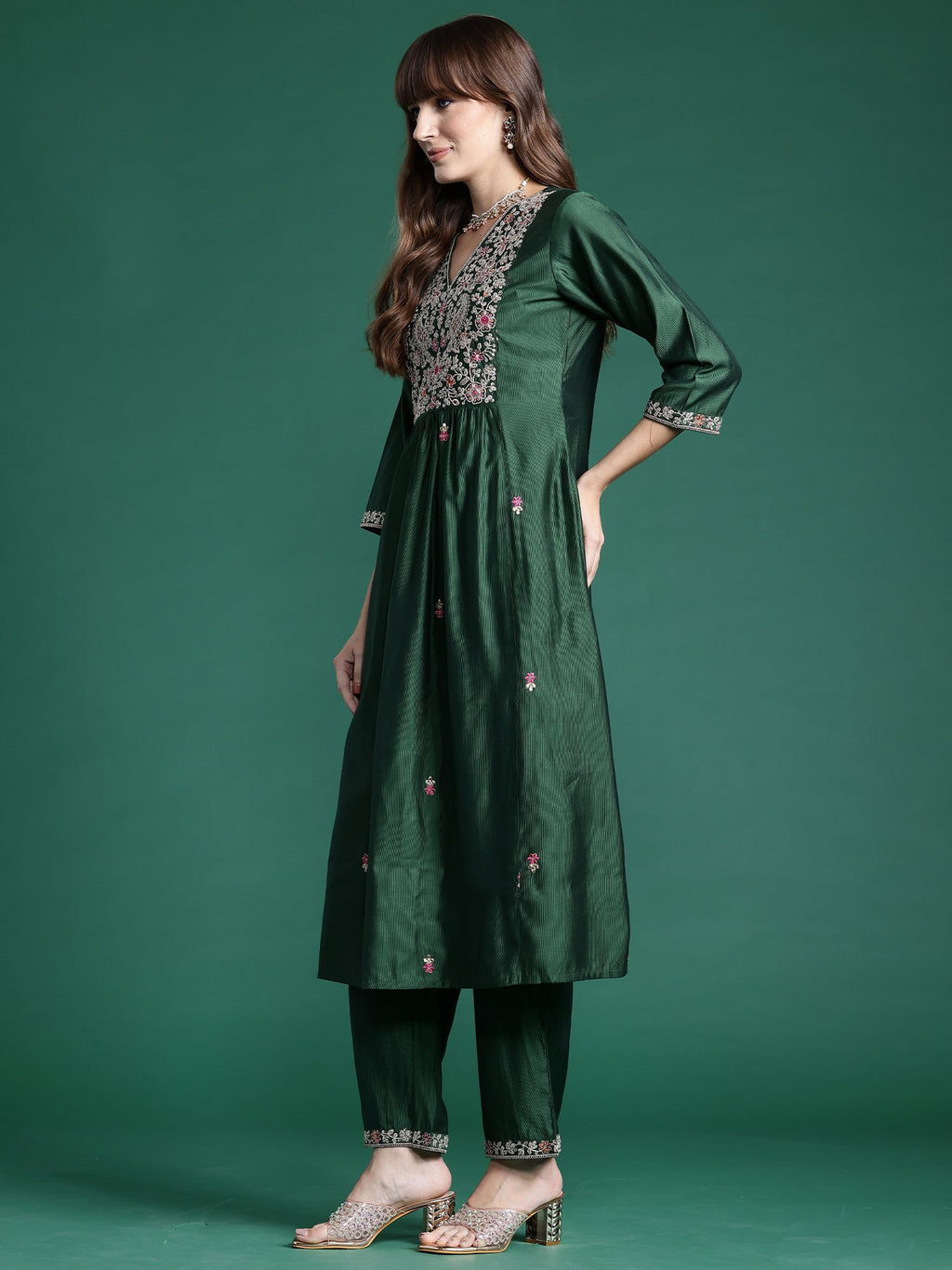 Indo Era Green Embroidered A-Line Kurta Trousers set