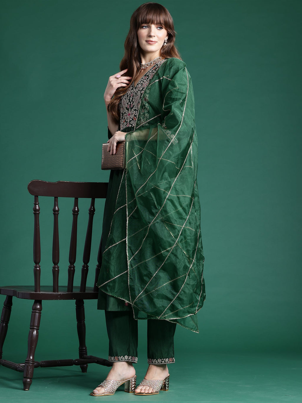 Indo Era Green Embroidered A-Line Kurta Trousers set