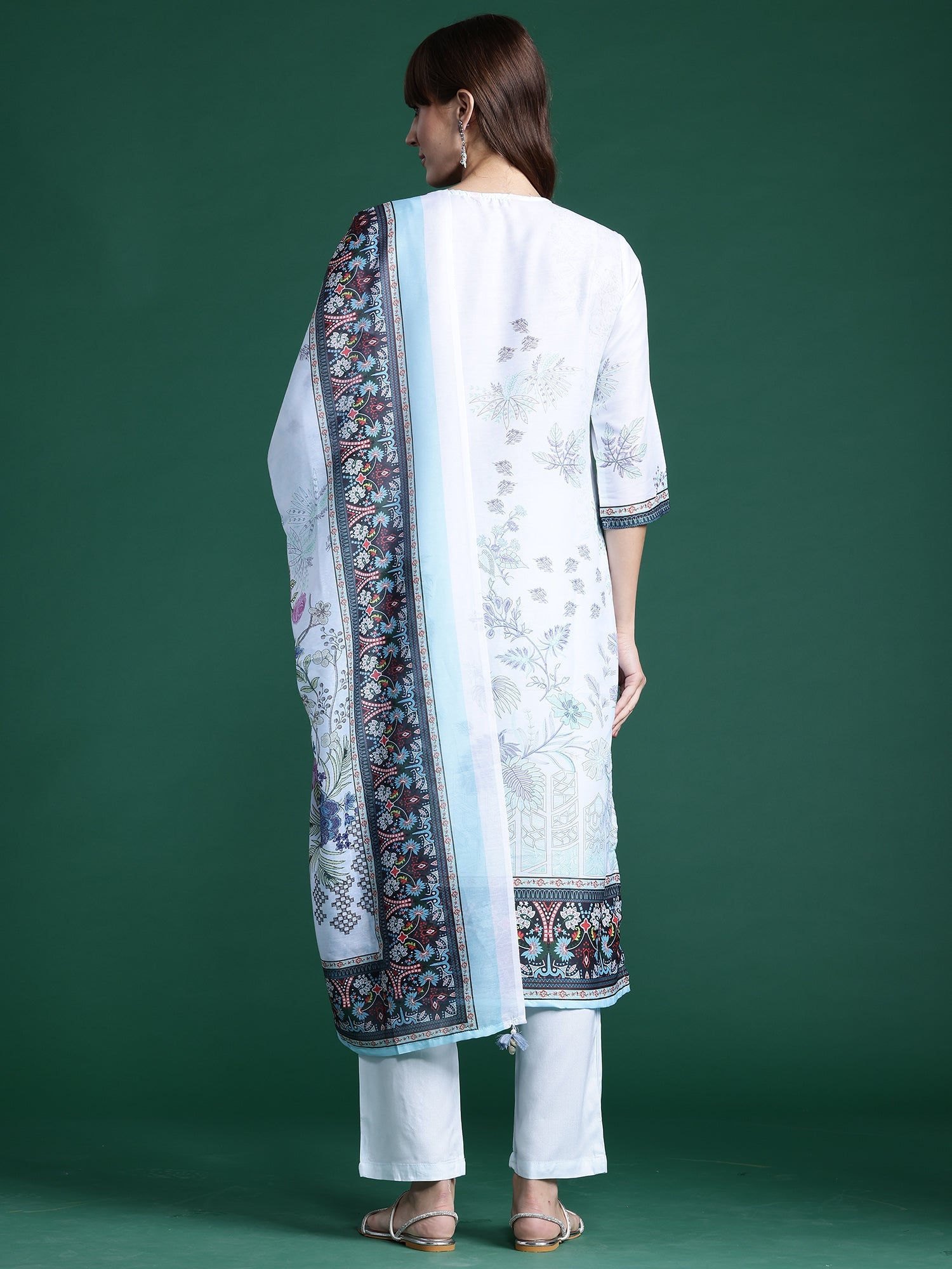 Indo Era Blue Printed Straight Kurta Trousers With Dupatta set