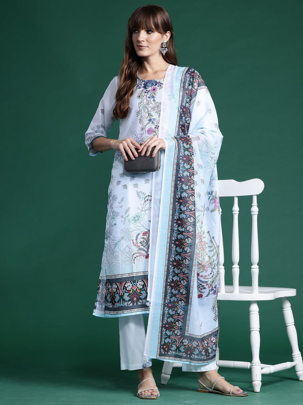 Indo Era Blue Printed Straight Kurta Trousers With Dupatta set