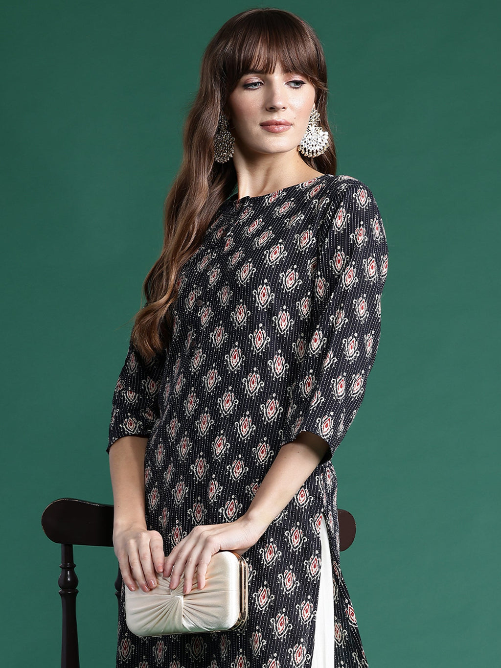 Indo Era Black Printed Straight Kurta