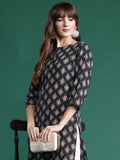 Indo Era Black Printed Straight Kurta