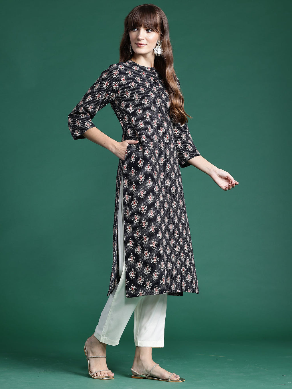 Indo Era Black Printed Straight Kurta