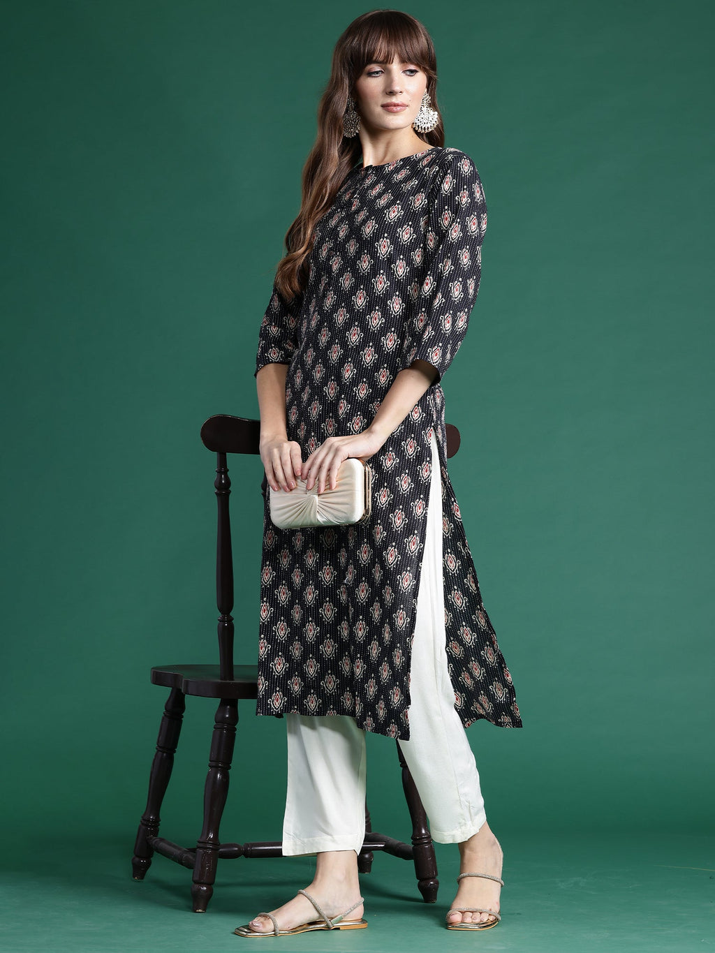 Indo Era Black Printed Straight Kurta