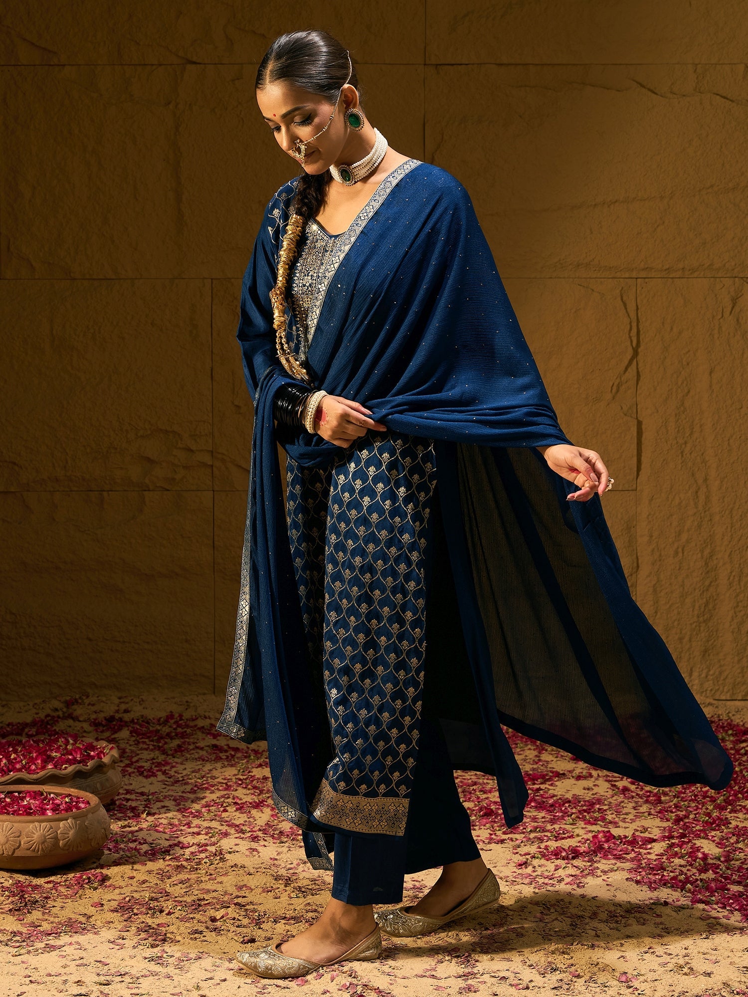 Indo Era Blue Embroidered Straight Kurta Trousers With Dupatta set
