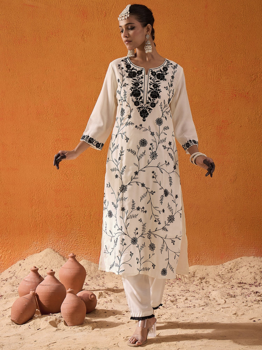 Indo Era White Straight Embroidered Kurta Trousers With Dupatta Set