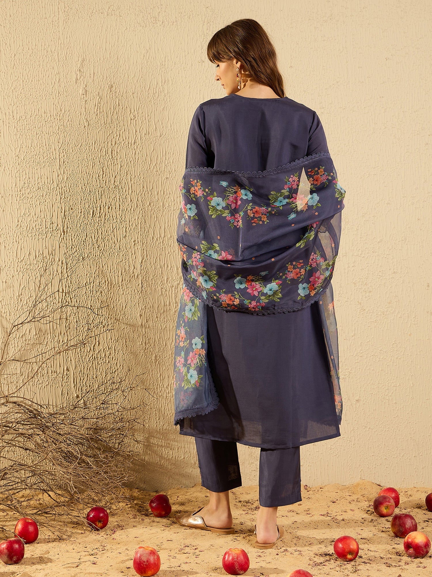 Indo Era Grey Embroidered Straight Kurta Trousers With Dupatta set