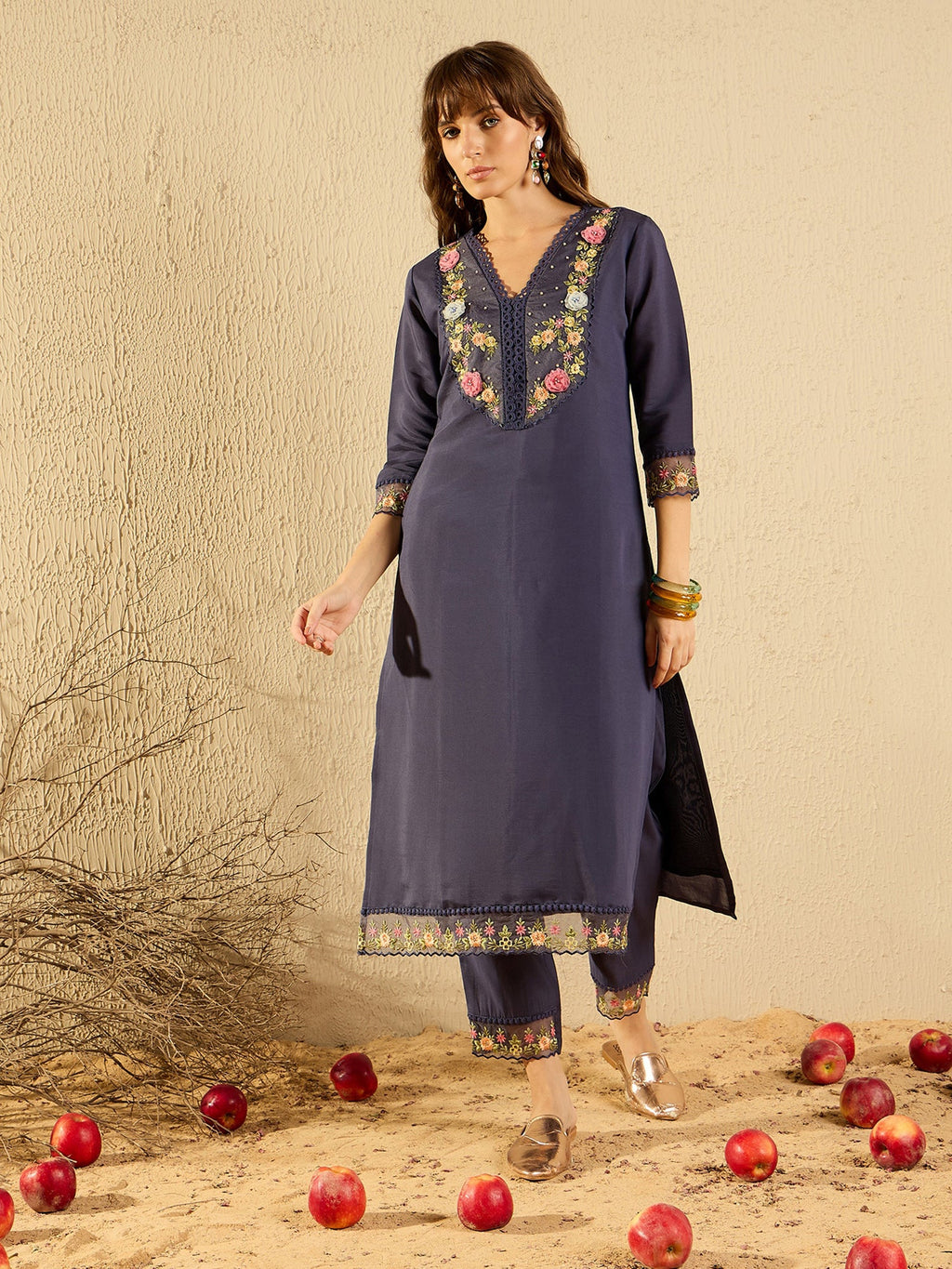 Indo Era Grey Embroidered Straight Kurta Trousers With Dupatta set