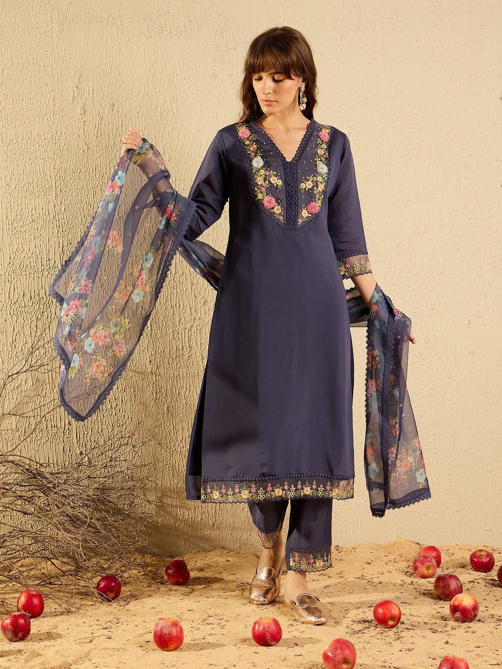 Indo Era Grey Embroidered Straight Kurta Trousers With Dupatta set