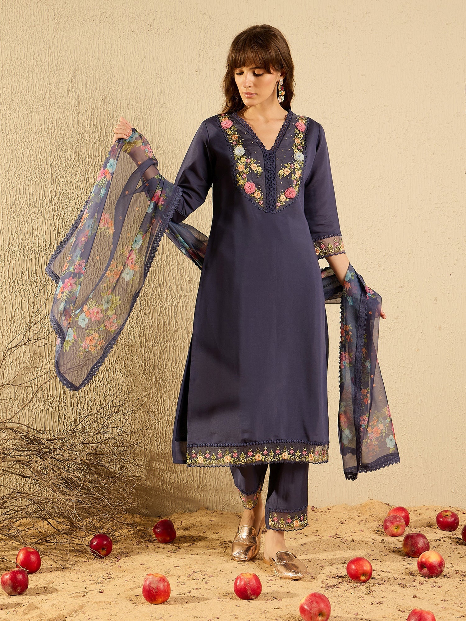 Indo Era Grey Embroidered Straight Kurta Trousers With Dupatta set