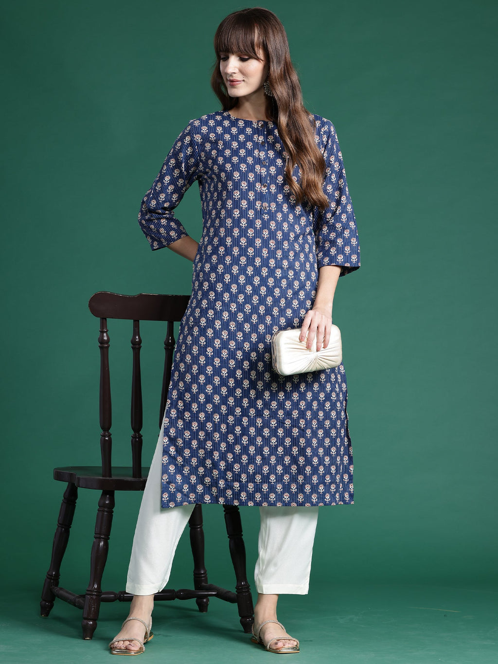 Indo Era Blue Printed Straight Kurta