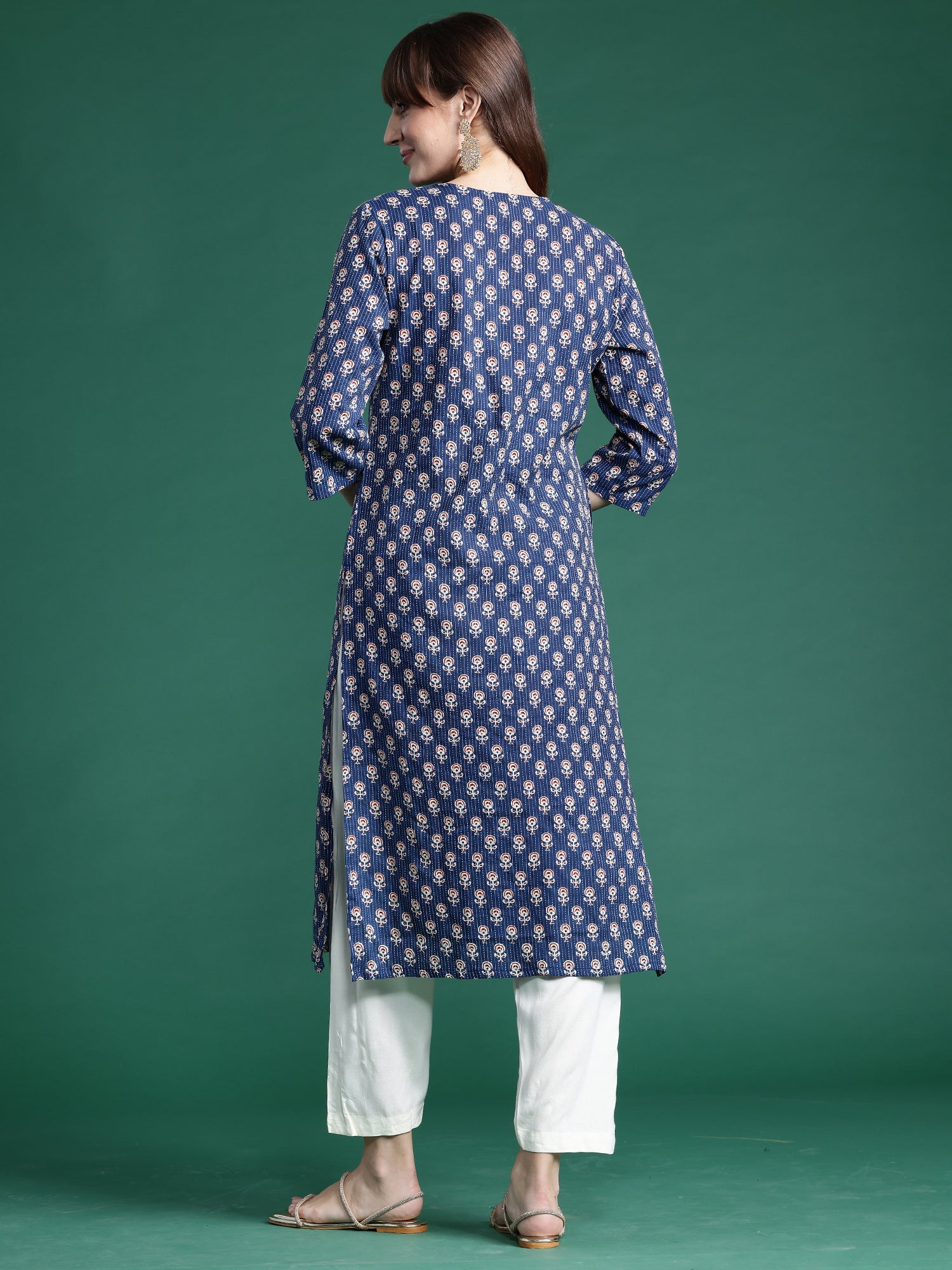 Indo Era Blue Printed Straight Kurta
