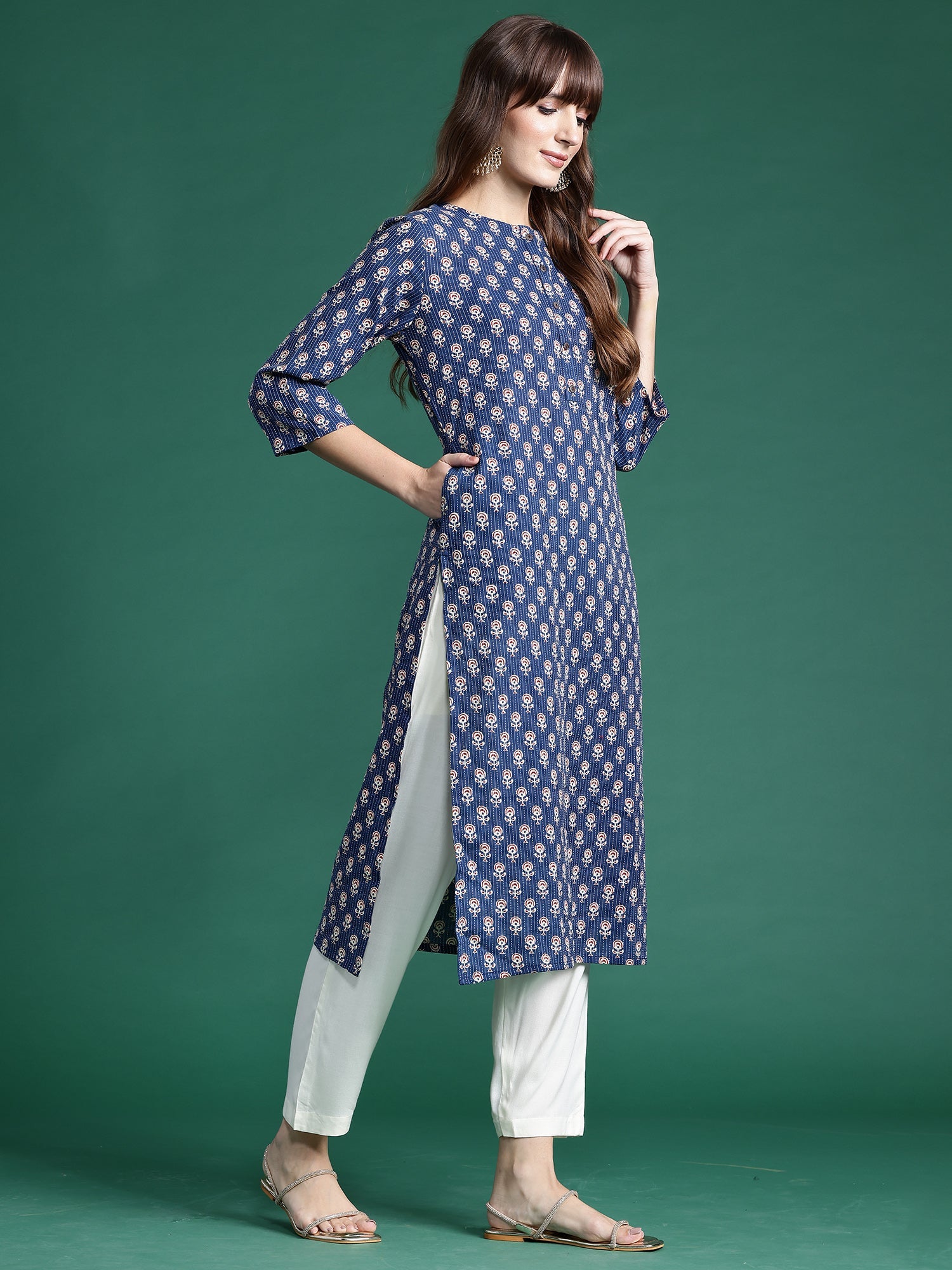 Indo Era Blue Printed Straight Kurta