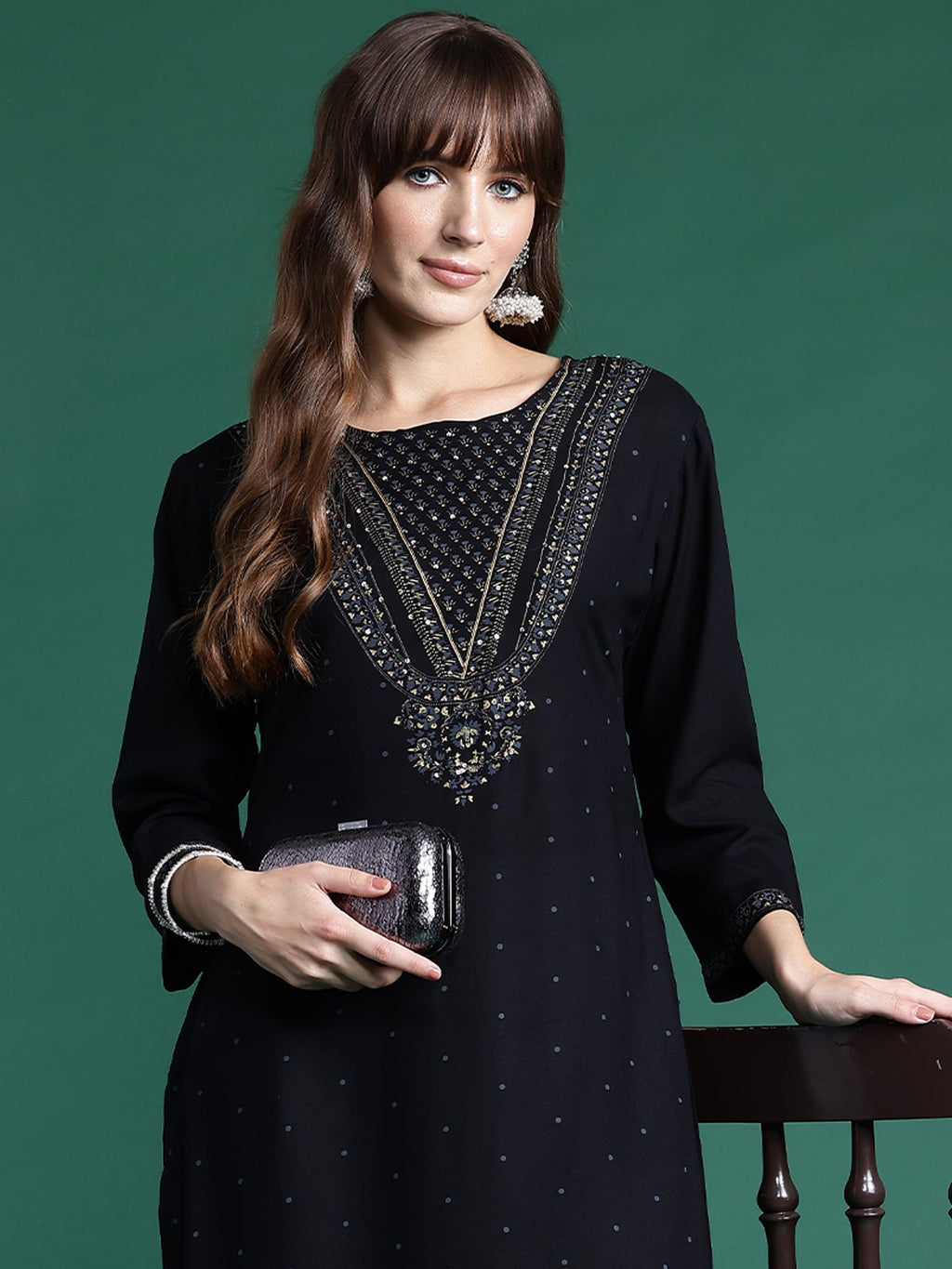 Indo Era Black Printed Straight Kurta