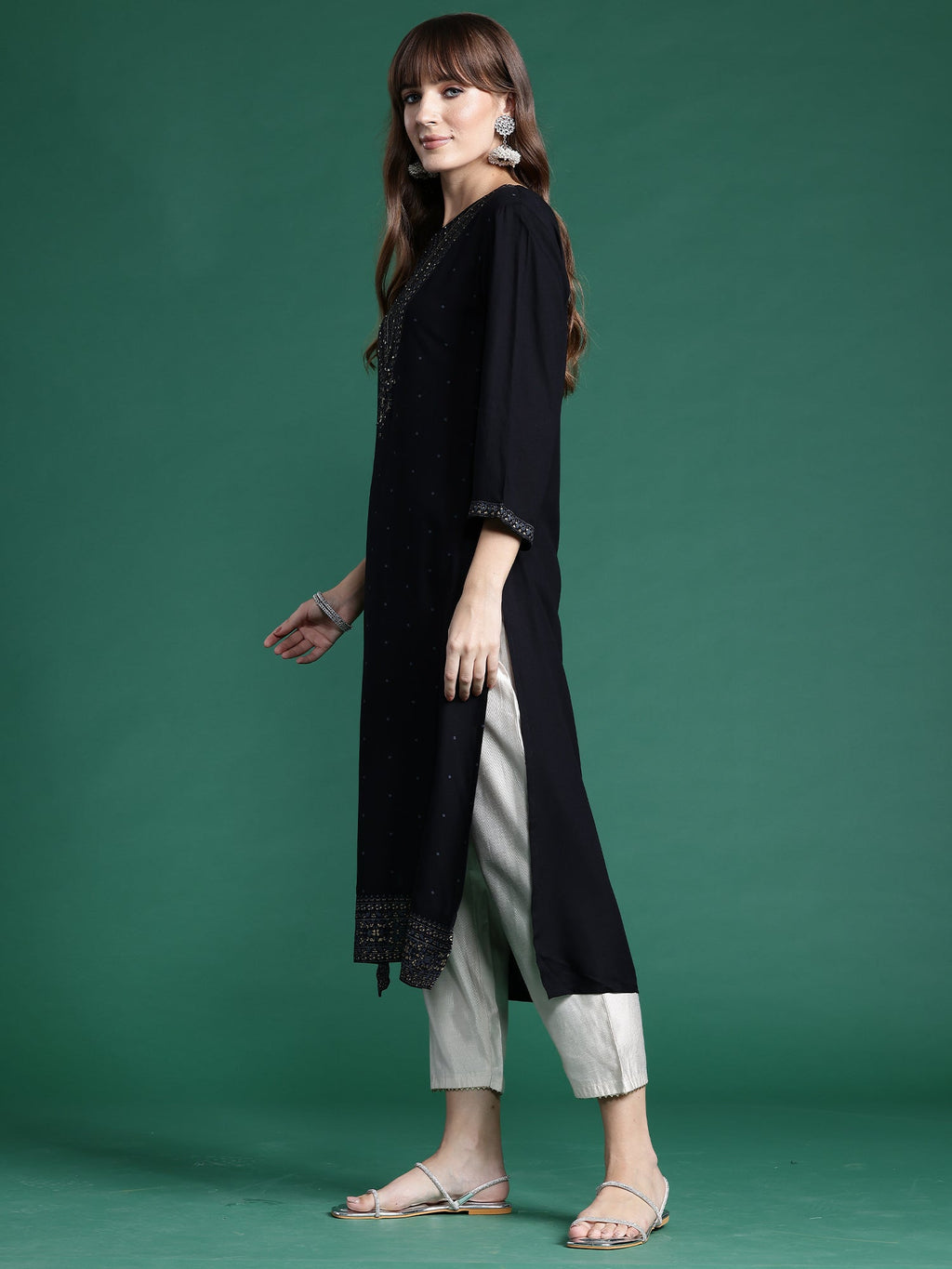 Indo Era Black Printed Straight Kurta