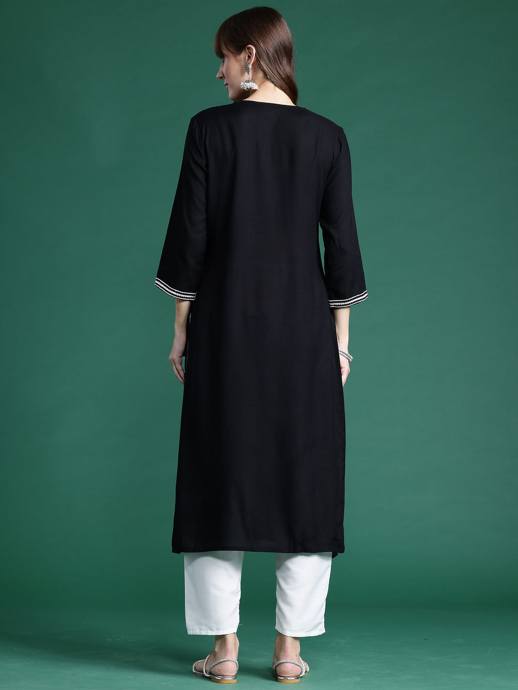 Indo Era Black Embroidered Straight Kurta