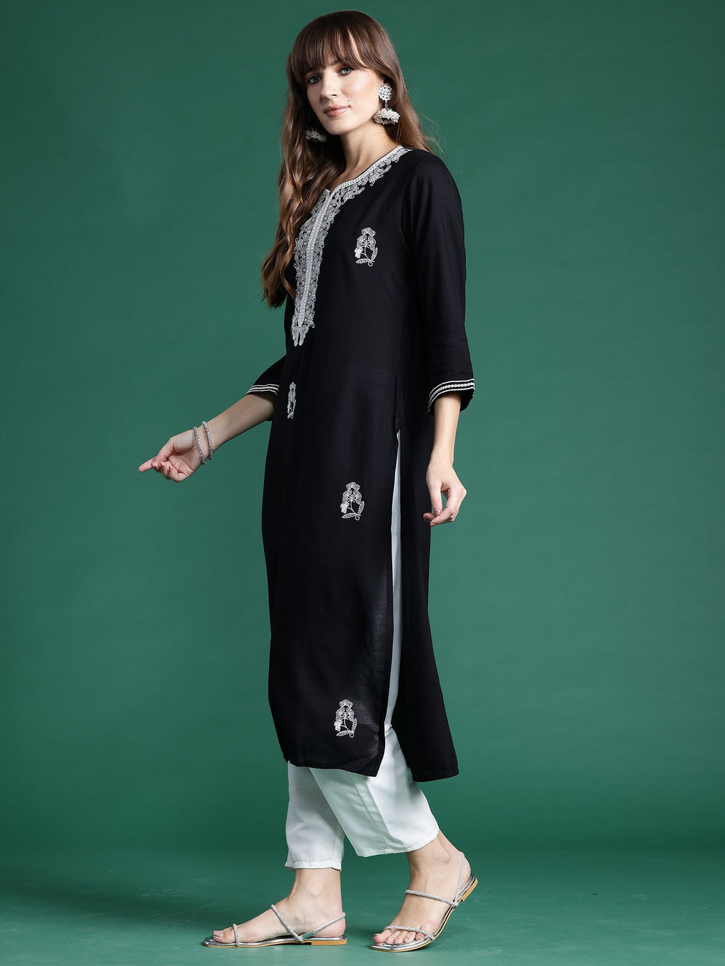 Indo Era Black Embroidered Straight Kurta
