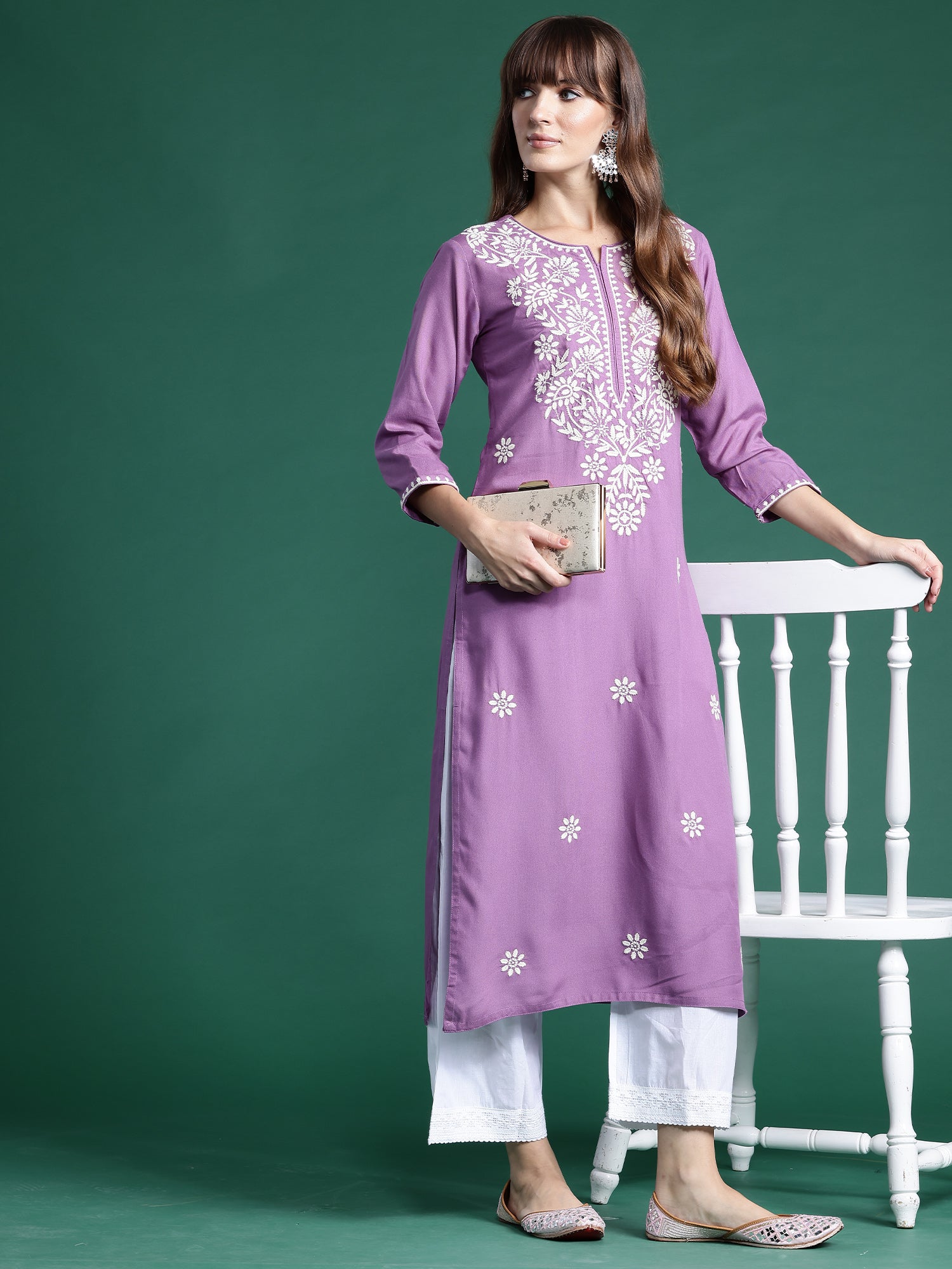 Indo Era Lavender Embroidered Straight Kurta