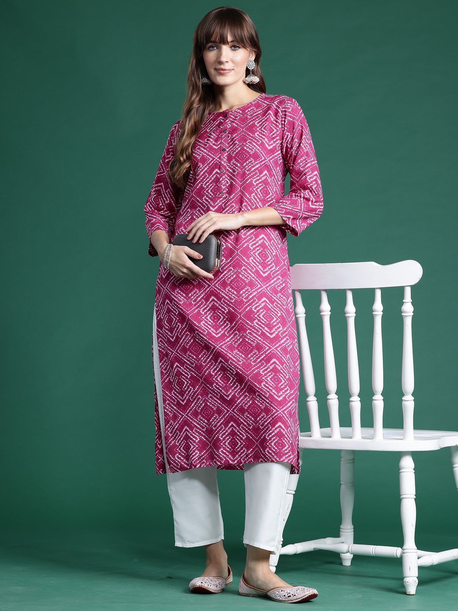 Indo Era Pink Printed Straight Kurta