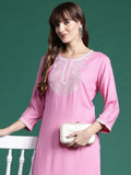 Indo Era Pink Embroidered Straight Kurta