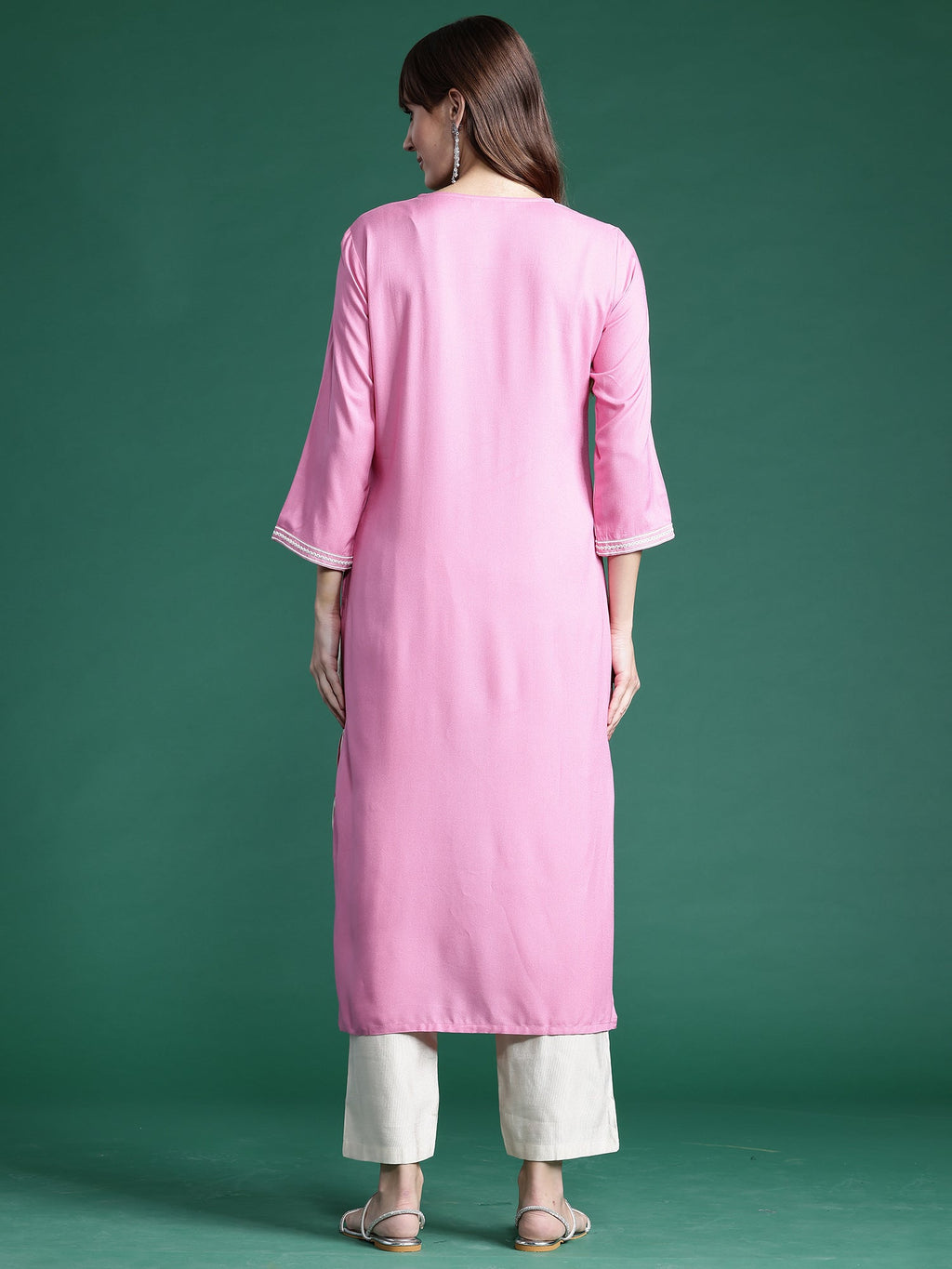 Indo Era Pink Embroidered Straight Kurta