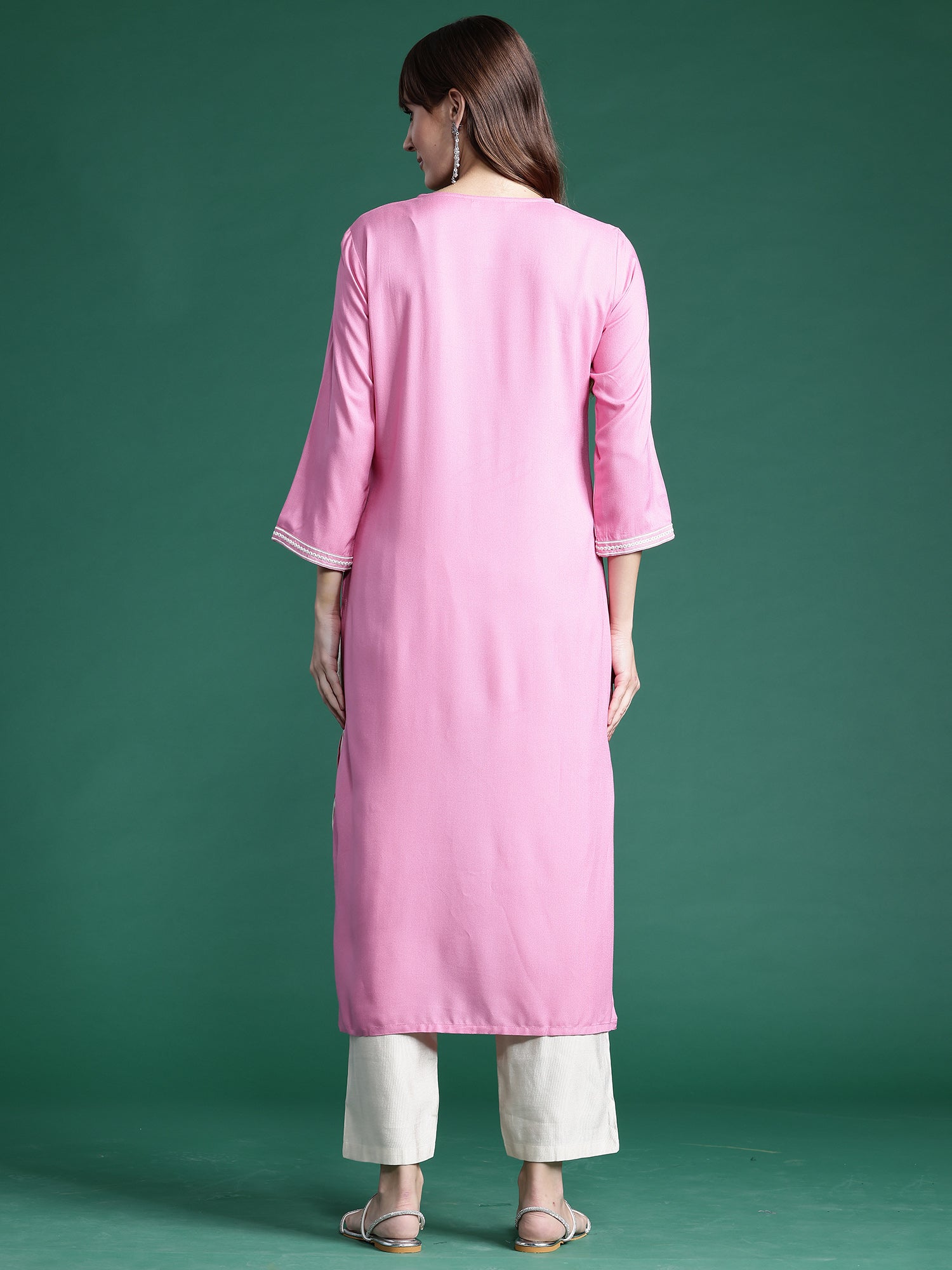 Indo Era Pink Embroidered Straight Kurta