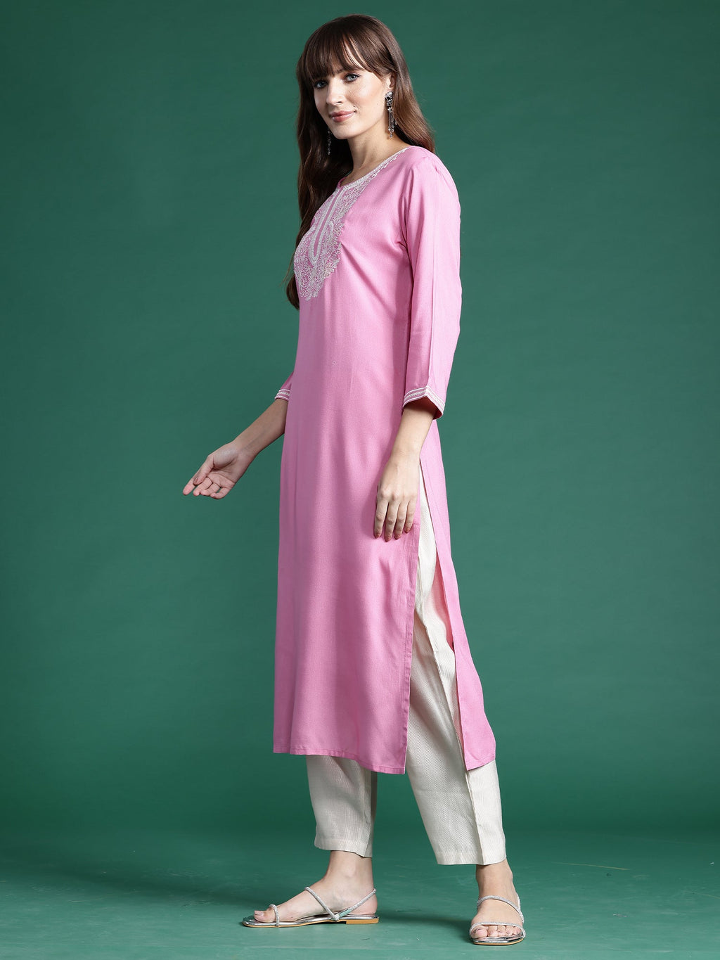 Indo Era Pink Embroidered Straight Kurta