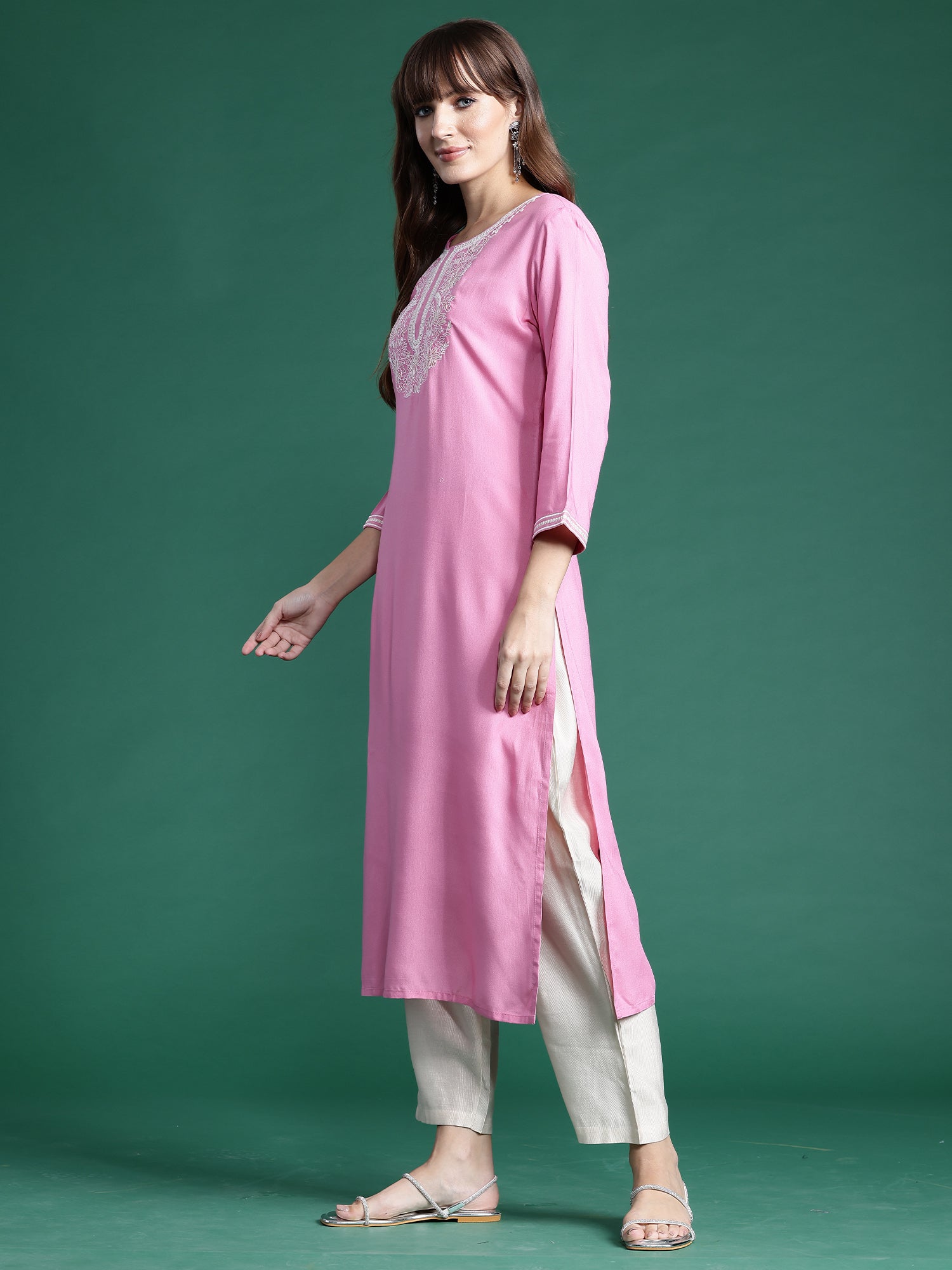 Indo Era Pink Embroidered Straight Kurta