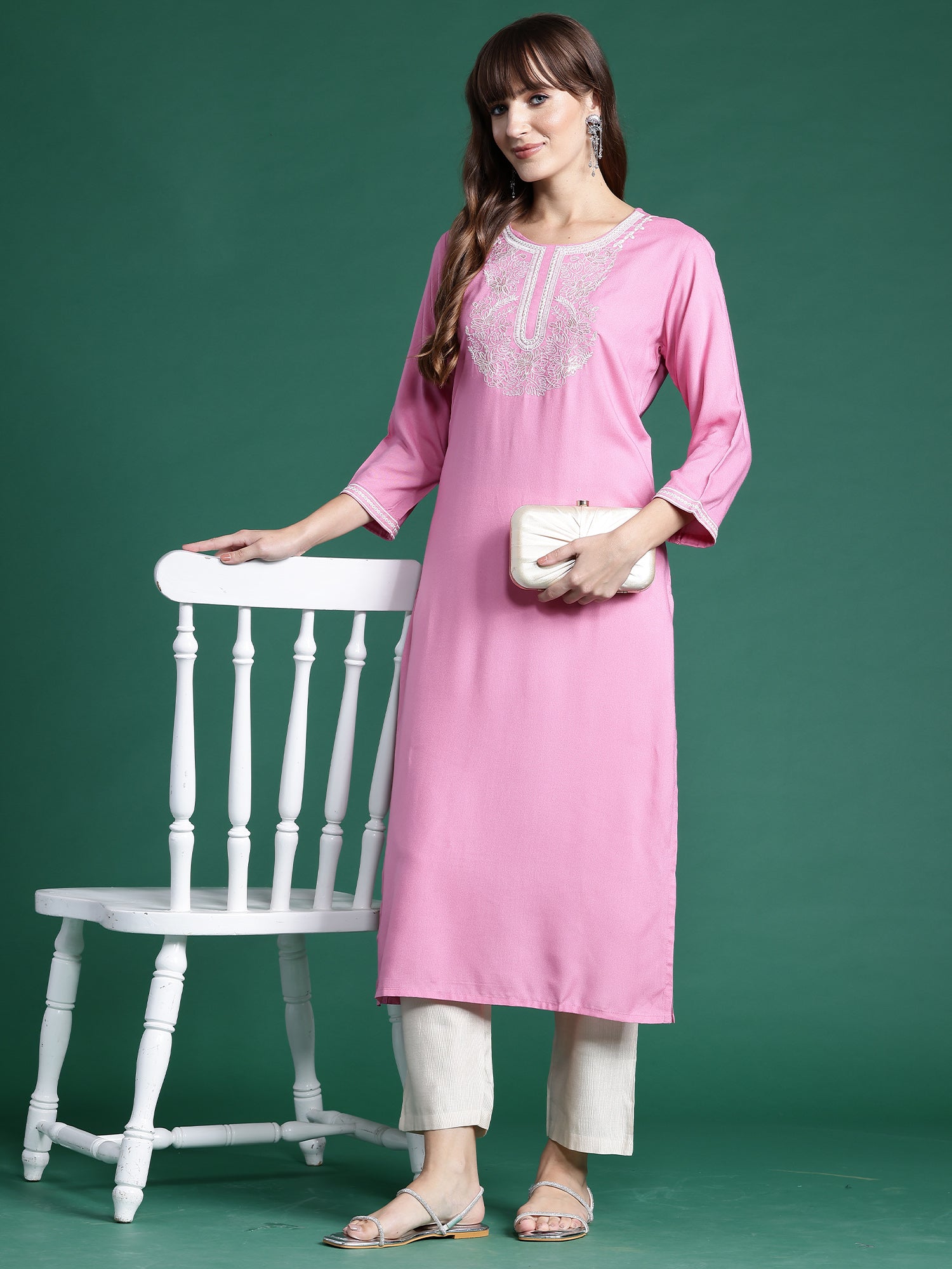 Indo Era Pink Embroidered Straight Kurta