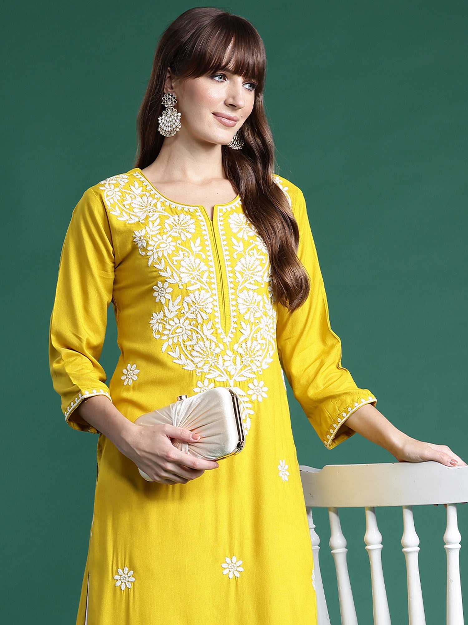Indo Era Yellow Embroidered Straight Kurta