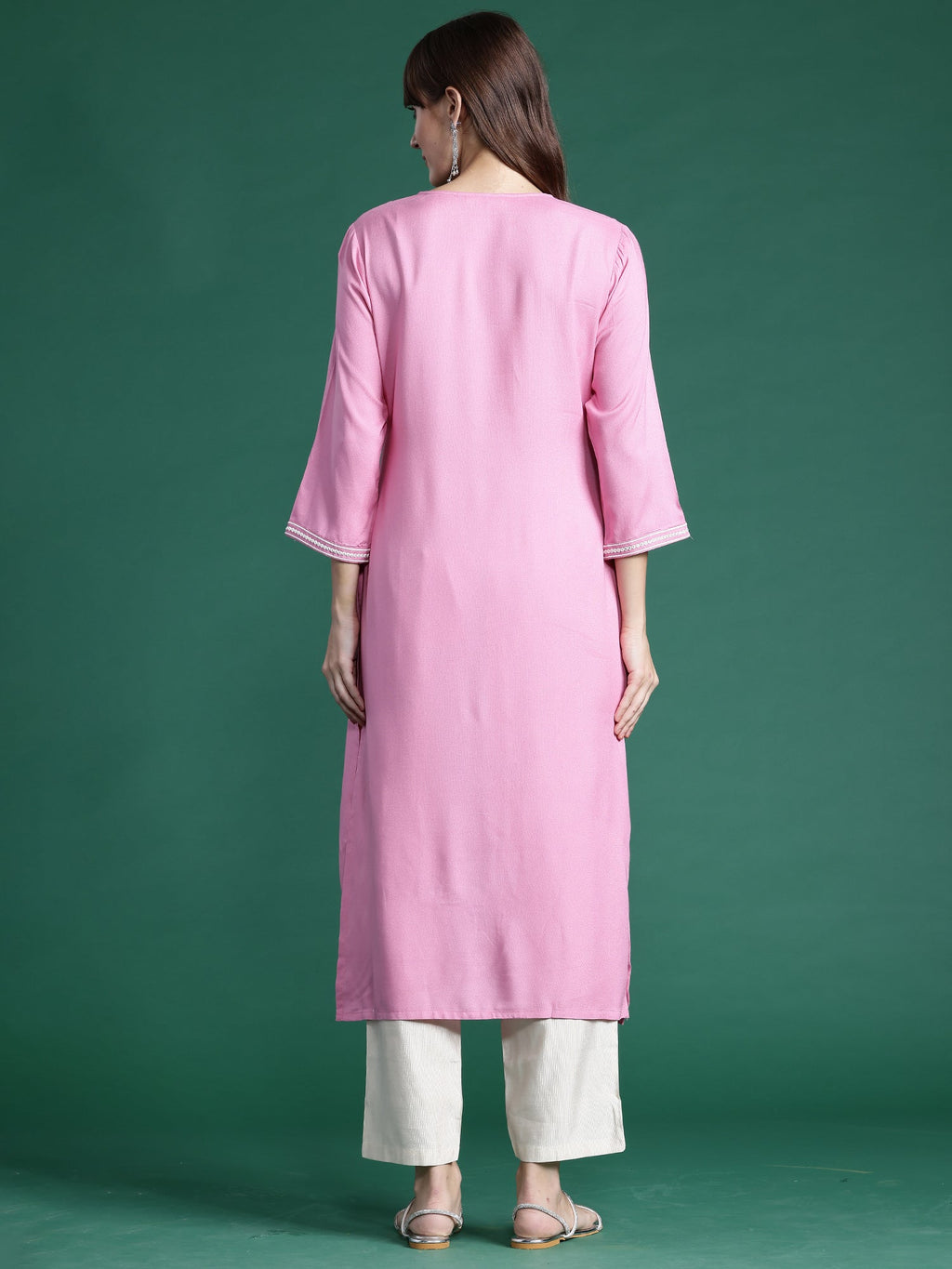 Indo Era Pink Embroidered Straight Kurta