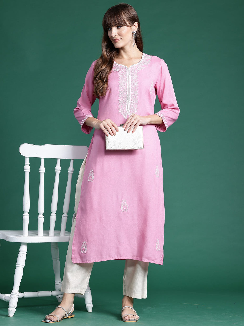 Indo Era Pink Embroidered Straight Kurta